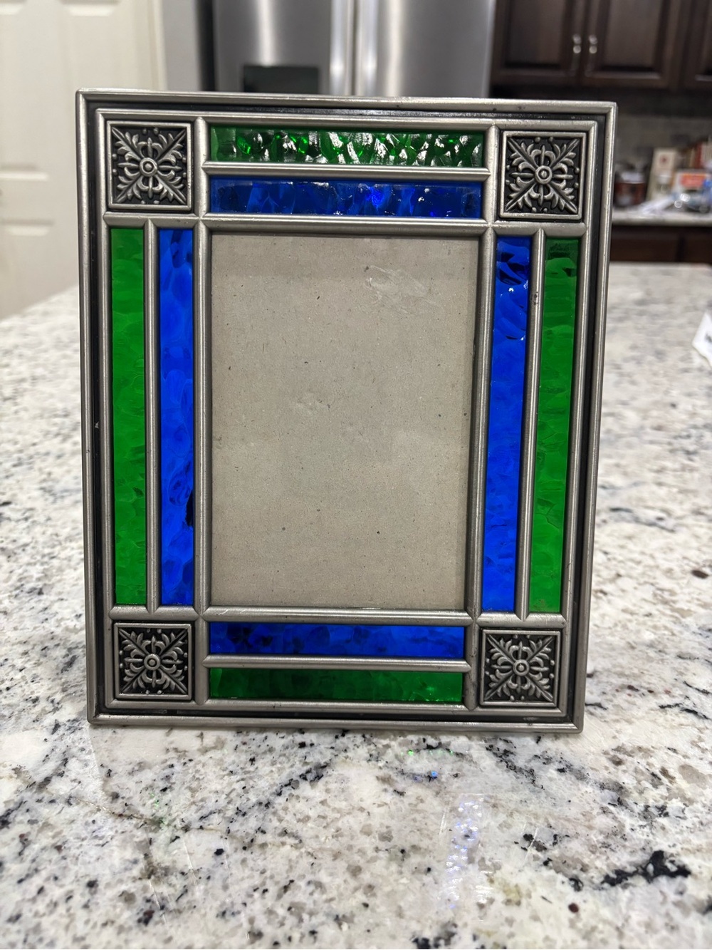 Vintage Stained Glass & Pewter Picture Frame Green Blue